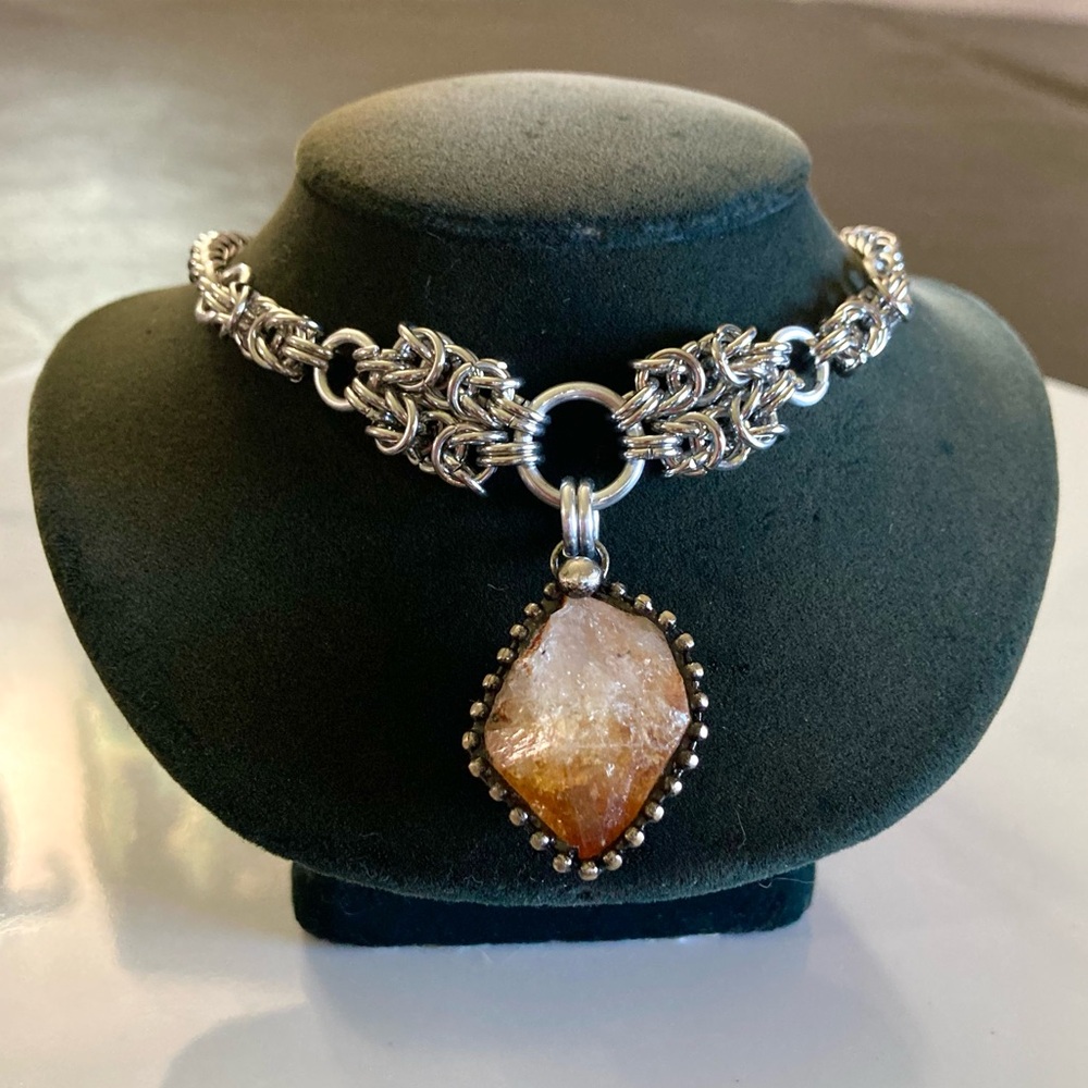 Handmade Genuine raw yellow citrine crystal maille silver boho silver necklace .